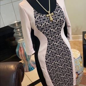 Signature by Sangria Pink, Black & White Patterned Midi Dress